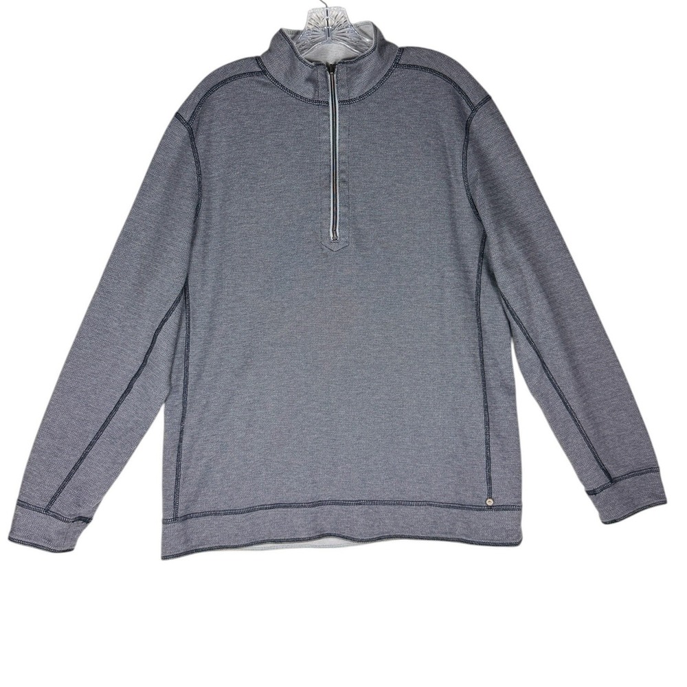 Tommy Bahama Mens Medium Reversible Quarter Zip Pullover Gray Herringbone Cotton